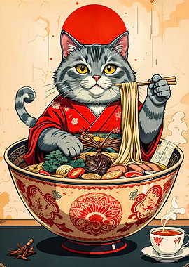 Cat in Ramen Bowl with Chopsticks