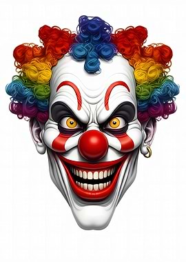 Creepy Clown Face with Rainbow Hair