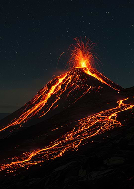 Volcano Eruption at Night