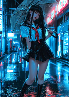 Anime Girl in Rainy Cityscape