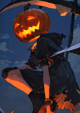 Pumpkin-headed figure scythe