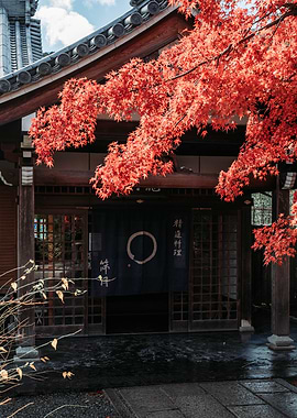 Japanese Restaurant with Autumn Leaves