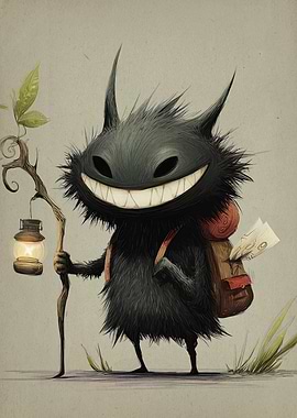 Whimsical Creature with Lantern and Backpack