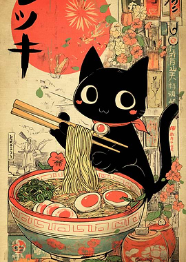 Black Cat Eating Ramen Ukiyo-e Style