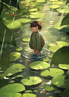 Boy pond during rain