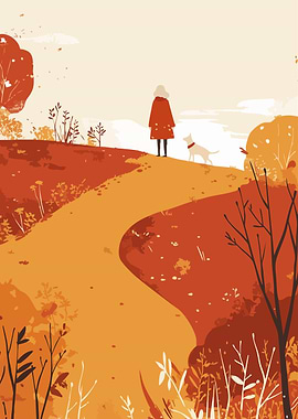 Autumn Forest and Dog Minimalist Art Illustration