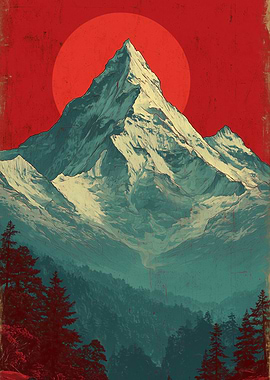 Mountain Peak with Red Sun