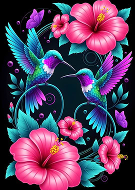 Hummingbirds and Hibiscus Floral Art