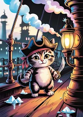 Cute Pirate Cat on Ship Deck
