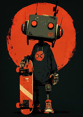 Robot Skater with Red Moon Backdrop