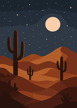 Desert Night Landscape with Cacti