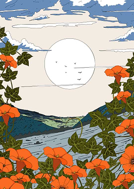 Floral Landscape with Moon and Birds