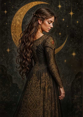 Serene Woman Under Bronze Moon: Ancient Forest Keeper