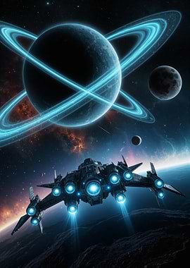 Spaceship in front of a ringed planet