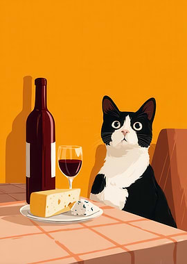 Cat with Wine and Cheese Still Life