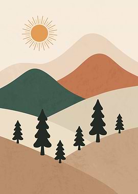Minimalist Landscape with Mountains and Trees