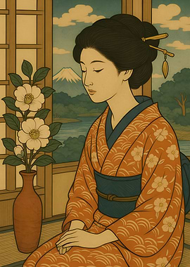 Japanese Woman in Kimono with Flowers