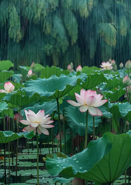 Lotus Flowers in the Rain