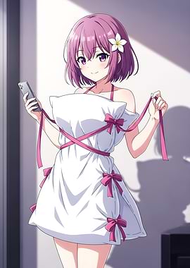 Anime girl in pillow dress holding phone