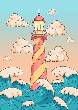 Cartoon Lighthouse in Ocean Waves