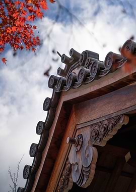 Japanese Temple Roof with Autumn Leaves