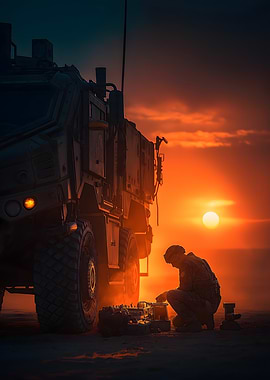 Military Vehicle Repair at Sunset