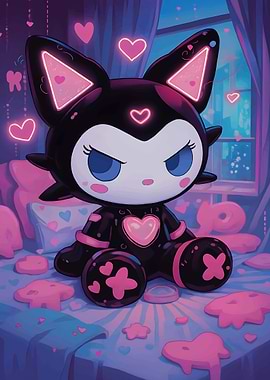 Kuromi Plush with Neon Hearts