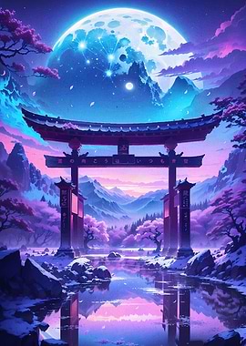 Japanese Torii Gate Full Moon