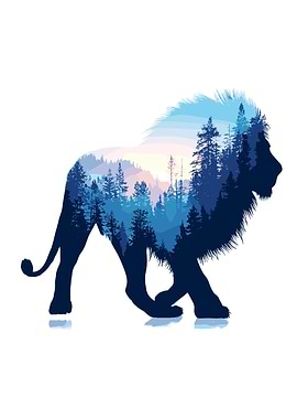 Lion Silhouette with Forest Landscape