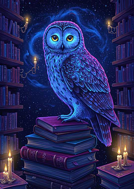 Blue Owl on Books in Library