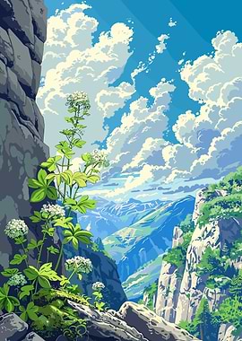 Mountain View with Flowers and Clouds