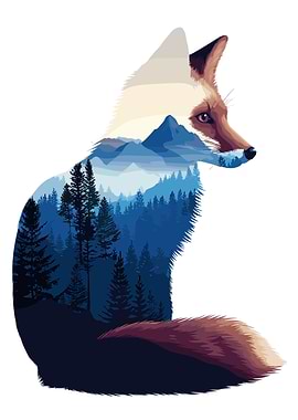 Fox Silhouette with Mountain Landscape