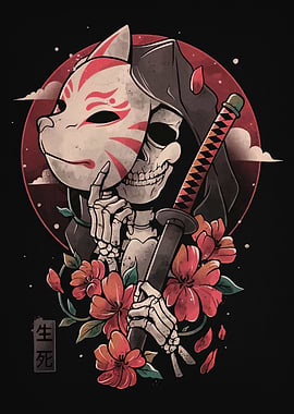 Samurai Skeleton with Mask and Flowers