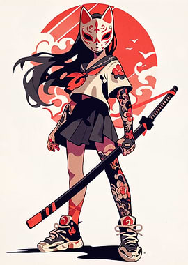 Anime Girl with Katana and Mask