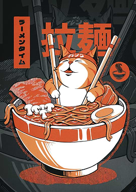 Cat in Ramen Bowl Illustration