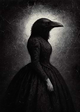 Raven Woman in Black Dress