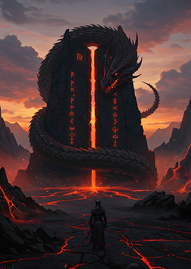 Dragon Warrior in Volcanic Landscape