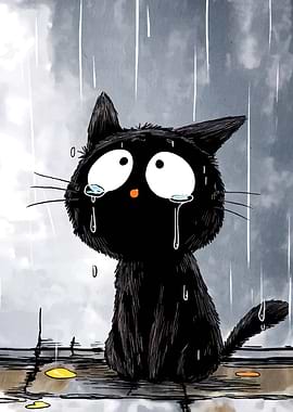Sad Black Cat in the Rain