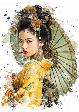 Watercolor Portrait of a Geisha with Parasol