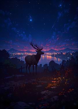 Elk under starry night sky