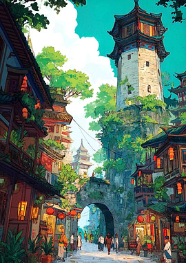 Traditional Asian Town with Tower