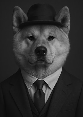 Akita Inu Dog in Suit and Bowler Hat