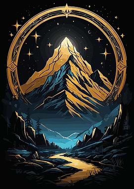 Golden Mountain Landscape with Celestial Frame