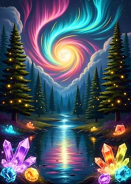 Enchanted Forest with Crystals and Aurora