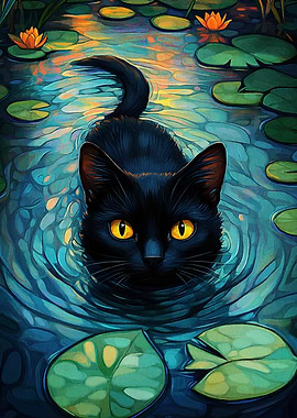 Black cat swimming in lily pond