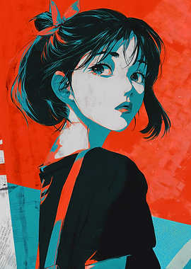 Retro Anime Girl Portrait with Red and Teal