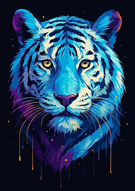 Blue Tiger Portrait with Colorful Accents