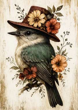 Bird with Hat and Flowers