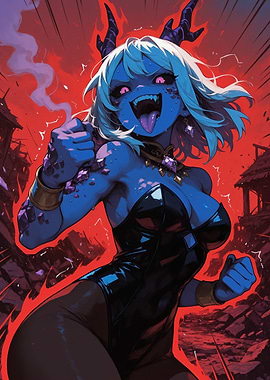 Blue Demon Girl in Red Landscape