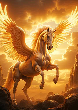 Golden Pegasus in a Dramatic Landscape